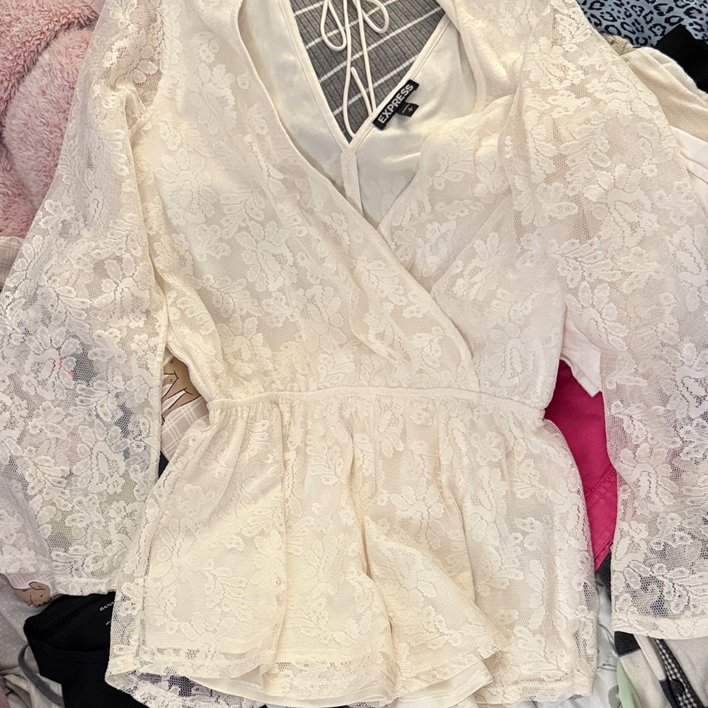Express Cream Lace Peplum Wrap Blouse romper